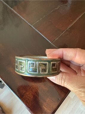 Vintage Greek Key Brass Cuff Bracelet in Patina Green
